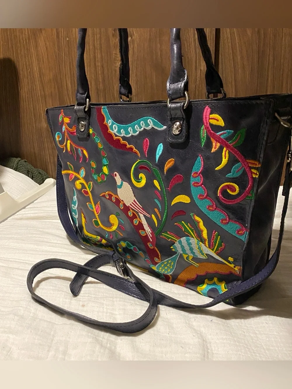 Patricia Nash Navy Birds of Paradise embroidered leather purse bag tote satchel